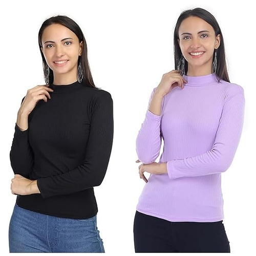 MULTICOLOR Round Neck Full Length Fullsleeve Ribbed Tops for Women