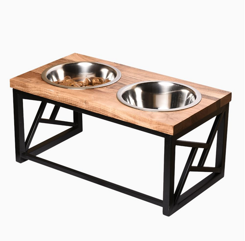 Pet Society Stainless Steel Dog Food Bowl | Solid Wood Top and Sturdy