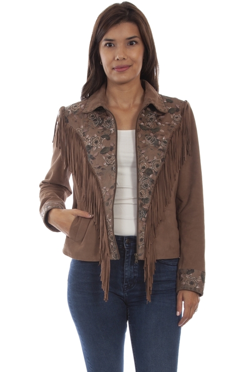 Scully L1054-925-L Ladies Beaded Fringed Jacket in Sand Lamb Suede wit
