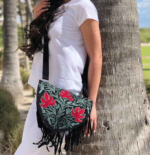 Handmade Green and Red Suede Embroidered Heart Shaped Bag