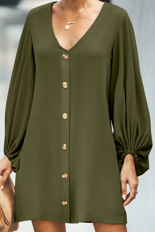 Green Buttoned-down V Neck Billowy Sleeve Shift Dress