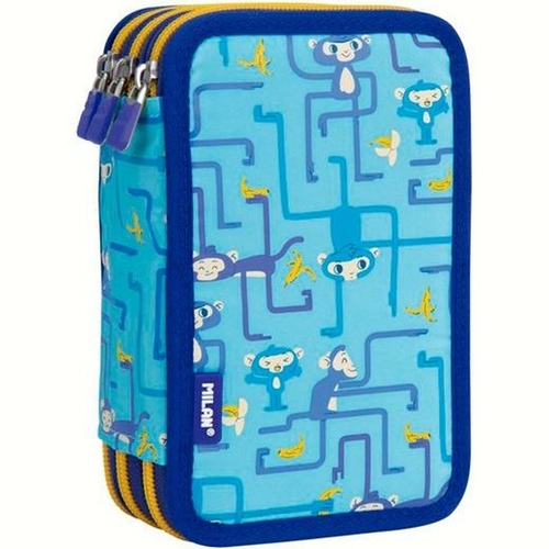 Triple Pencil Case Milan Tangled Monkeys 49 Pieces Blue 19,5 x 13 x 5