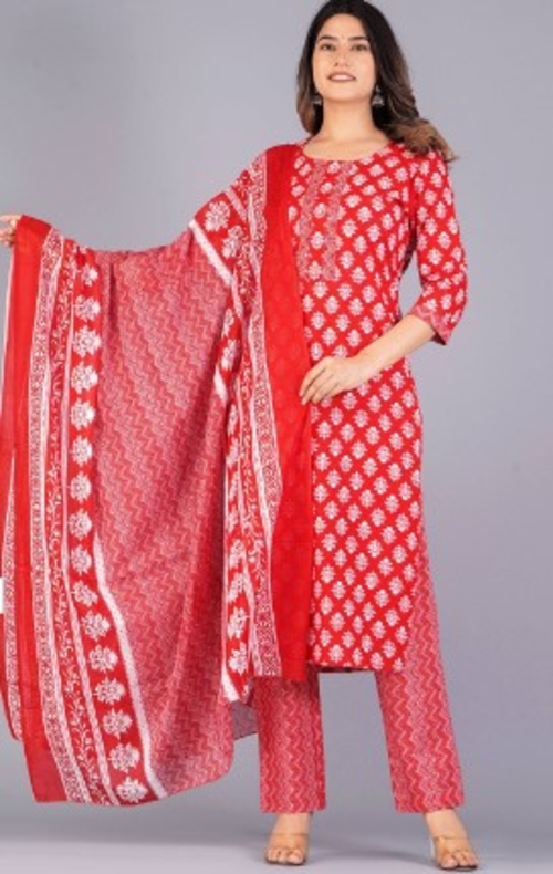 Ethnic Motifs Printed Pure Cotton Kurta With Trousers & Dupatta