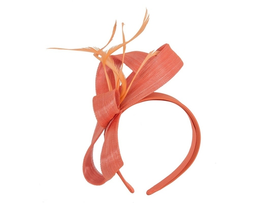 Orange abaca loops and feathers racing fascinator