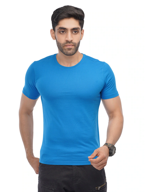 Men Solid Half Sleeves Round Neck Cotton Blue T-Shirt (Size L)