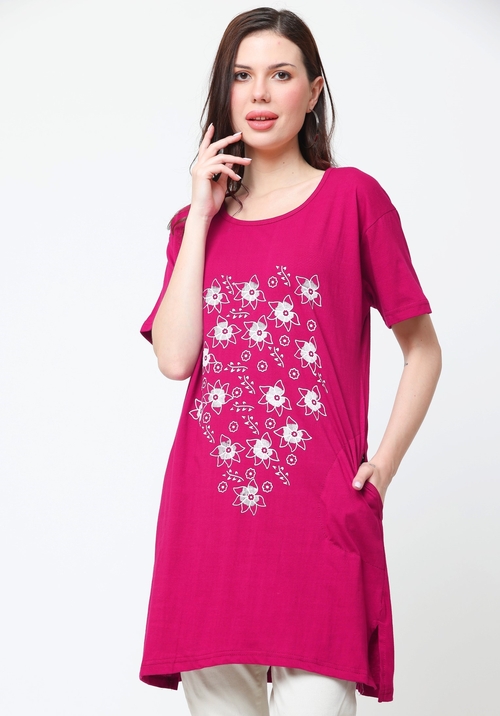 Women'S Stylish  Round Neck Cotton Printed Long Tshirt (Size-L)
