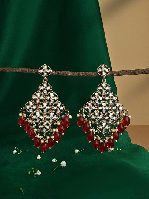 White & Mehendi Gold Kundan Pearl Drop Earrings