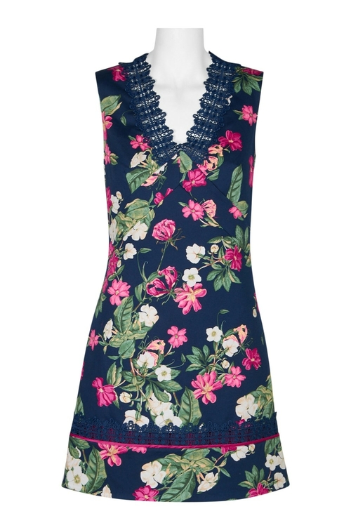 Laundry Lace Trim V-Neck Sleeveless Zipper Back Floral Print Cotton