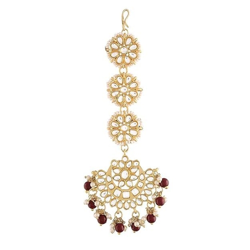 Gold Plated Matte Finish Traditional Pearls Kundan Studded Maang Tikka