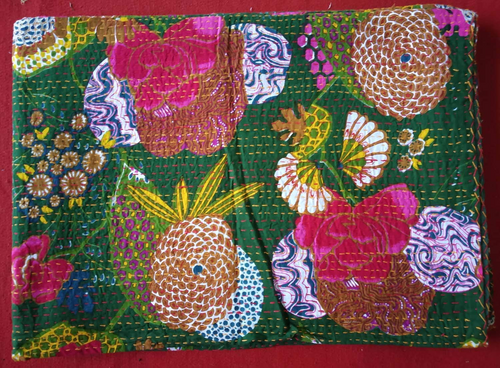 Main GREEN Jaipuri Quilt Handmade Bed Cover Cotton Kantha Blanket image