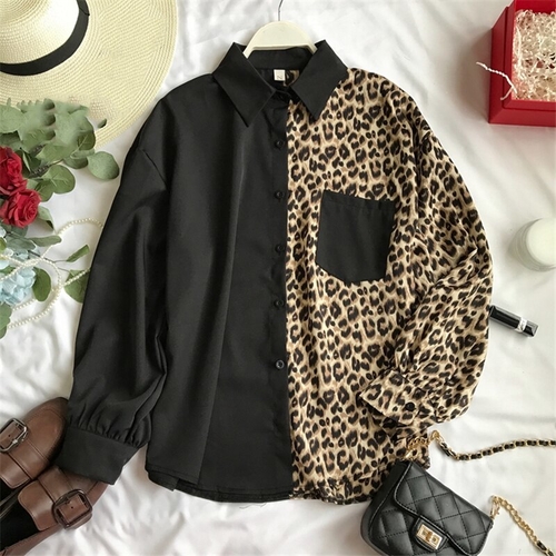 Korean Women Patchwork Shirts Polka Dot Leopard