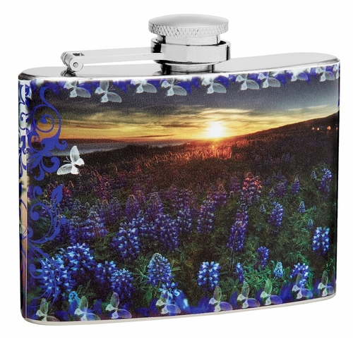 4oz Blue Bonnet and Butterflies Hip Flask, Gift Box, Funnel and Shot