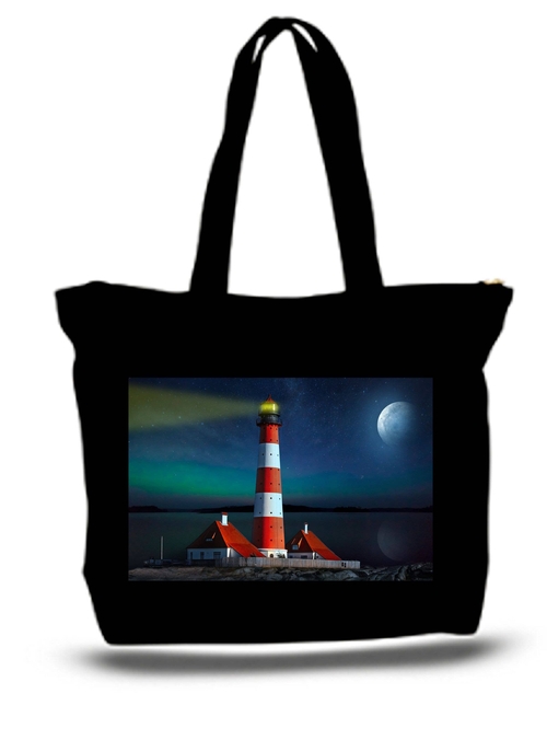 Landscape Fantasy Lighthouse Sea Moon Sky Clouds Large Tote