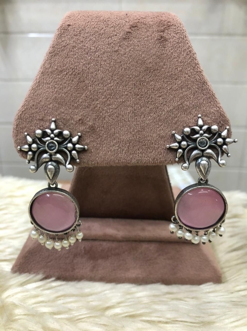 Pink Beautiful Unique Design Oxidise Silver Oversized Stud Earring for