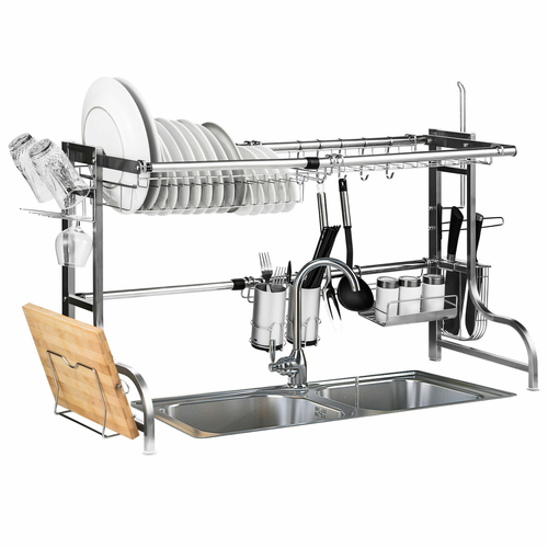 2 Tier Extendable Dish Rack with Utensil Holders in Stainless Steel