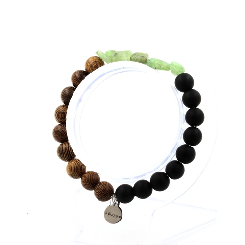 Green Apatite + Matte Black Onyx + wood Bracelet 8 mm Beads.