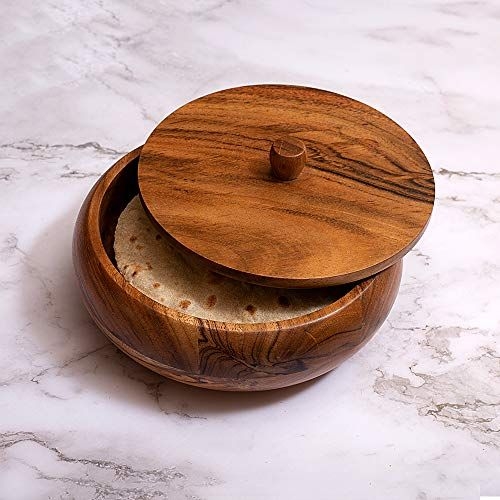 Wood Chapati Box, Wooden Hot Pot Roti Dabba with Lid, Roti Storage