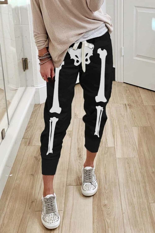 Black Halloween Skull Print Drawstring Elastic Waist Joggers