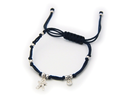 Fronay 212310B Navy Blue Cord Boy Cubic Zirconia Charm Bracelet in Ste