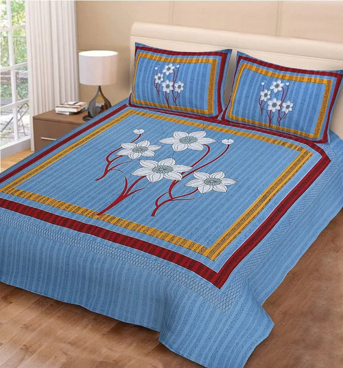 Blue Jaipuri Cotton Double Badsheet with Two Pillow Cover (Size 90x100