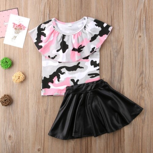 Toddler Kids Baby Girls Camo Tops PU Skirt Outfits