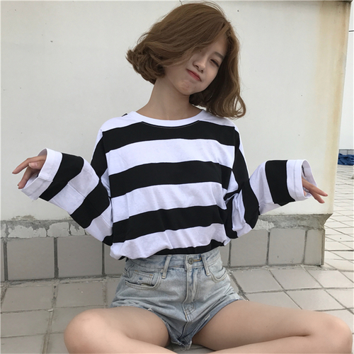 Women Striped T Shirt Vogue Long Sleeve O Neck