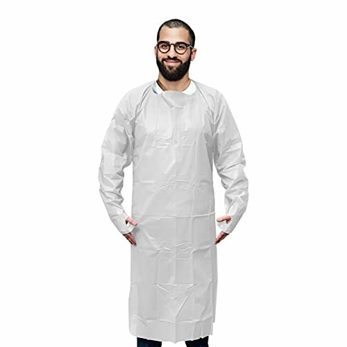 10 Pack White CPE Coat Aprons 35" x 60". Disposable Polyethylene