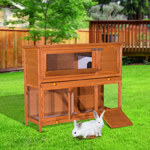 PawHut Bunny Hutch 2 Tier Elevated Wooden Rabbit Bunny House Chicken