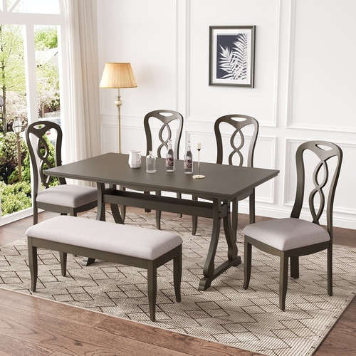 Retro 6-Piece Trestle Dining Table Set with Upholstered Dining Chairs