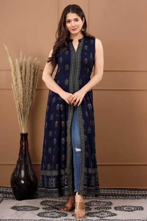 Women Printed Viscose Rayon Frontslit Kurta SIZE-2XL COLOR-DARK BLUE