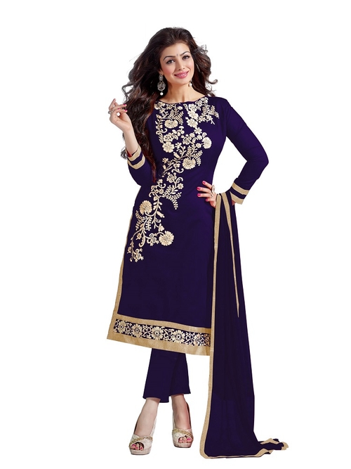 Navy Blue Embroidered Chanderi Dress Material