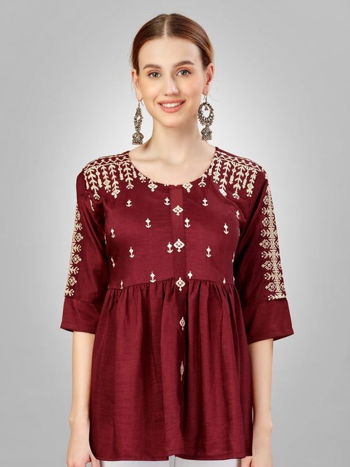 Women Embroidered Silk Rust Top (Size-40) (Color-RUST)