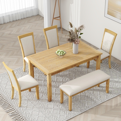 Rustic Solid Wood 6-piece Dining Table Set, PU Leather Upholstered