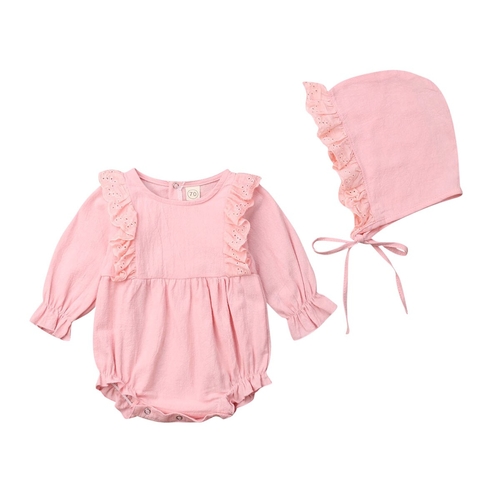 Infant Newborn Baby Girl Bodysuits Hat 2PCS Pink