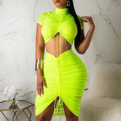 Solid 2 Piece Set Neon Party Crop Top