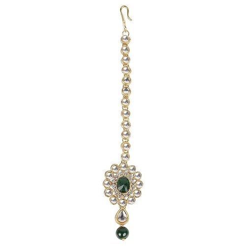 Gold Plated Kundan & Stone Studded Maang Tikka for Women Green
