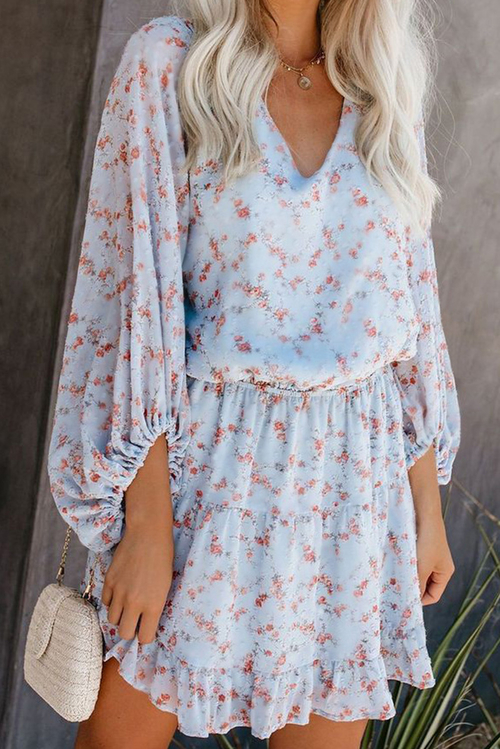 Sky Blue V Neck Lantern Sleeves Floral Tunic Dress