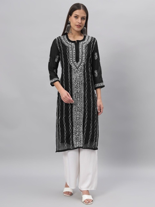 Women Hand Embroidered Chikankari Georgette Kurta with Slip (Size-L)