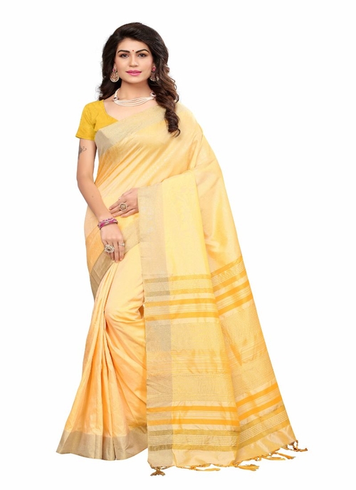 Generic Women's Cotton Silk Saree (Yellow, 5-6