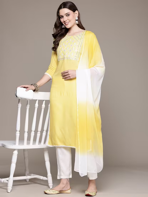 Women Yellow Round Neck Suit Set (Size-M) (Color-Yellow)