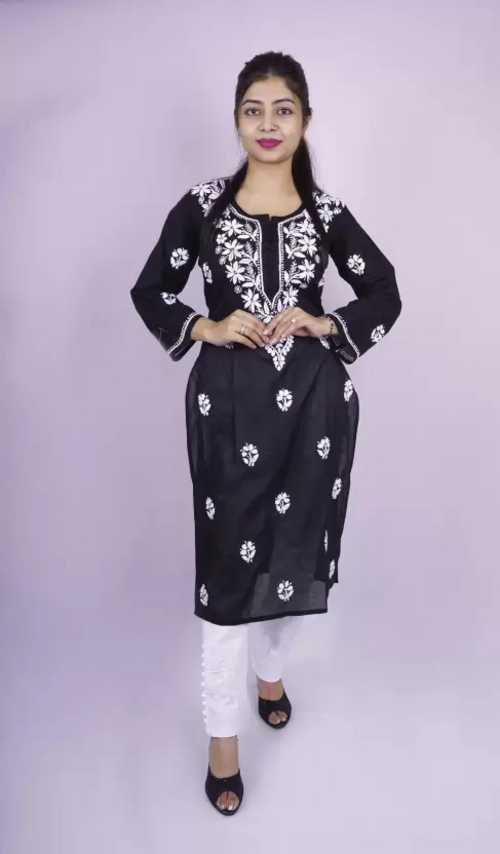 Women Chikan Embroidery Cotton Blend A-line Kurta