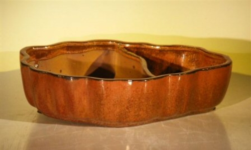 Aztec Orange Ceramic Bonsai Pot - Oval with Scalloped Edges -