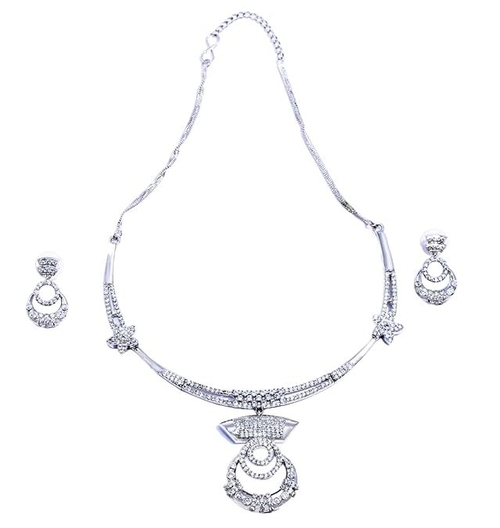 American Diamond Necklace Set in Rhodium Polish