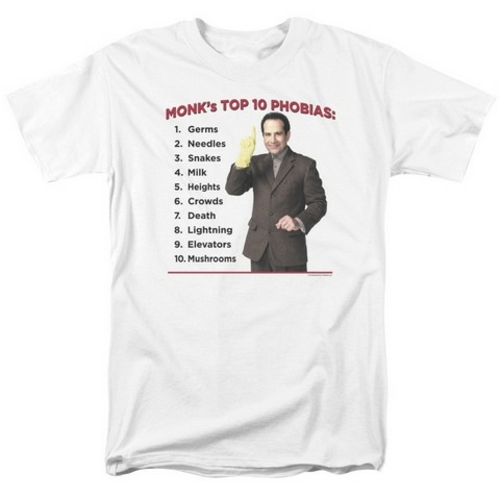 Trevco Monk-Top 10 Phobias Short Sleeve Adult 18-1 Tee, White - 4X