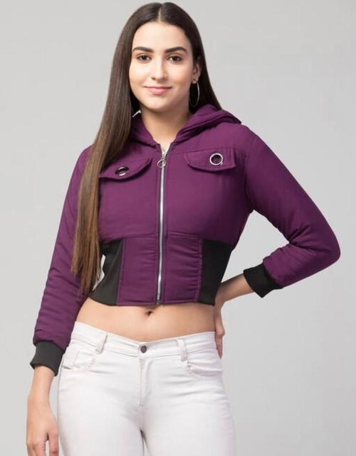 Women Solid Light Weight Casual Short Jacket (Color Purple) (Size XL)