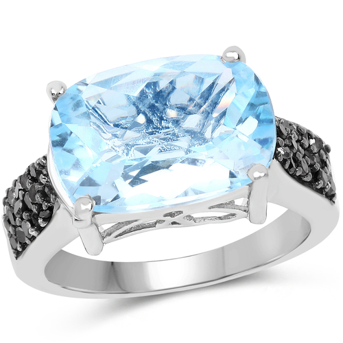 3.96 Carat Genuine Baby Swiss Blue Topaz and Black Diamond .925