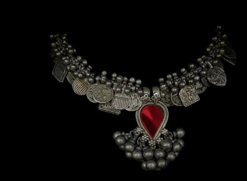 Silver Statement Red Color Glass Necklace with Ghungroos