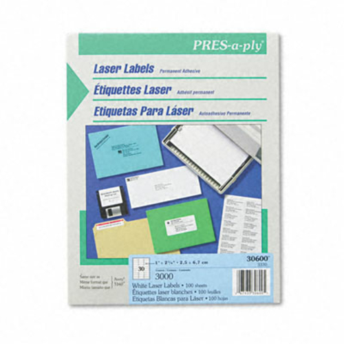 Avery 30600 Pres-A-Ply Laser Address Labels  1 x 2-5/8  White  3000/Bo