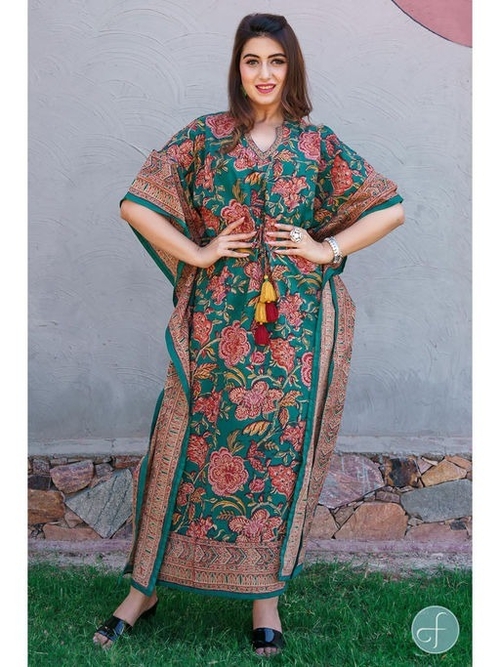 Pine Green Floral Block Print Cotton Kaftan Dress