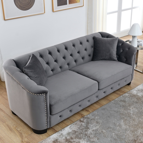 77-Inch Modern Chesterfield Velvet Sofa, 3-Seater Sofa, Upholstered